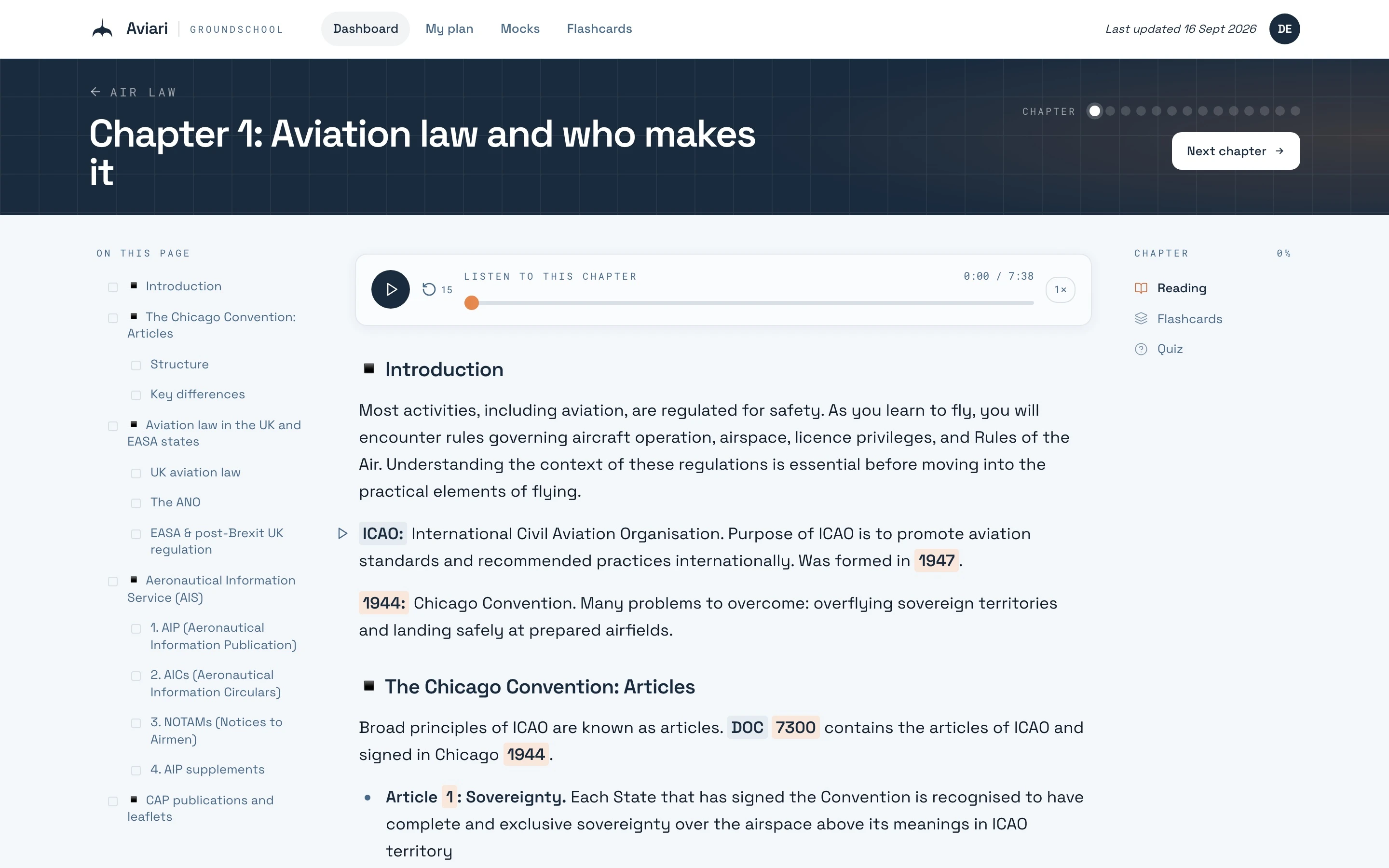 Air Law chapter 1 on desktop: chapter contents, audio player and notes with key terms highlighted