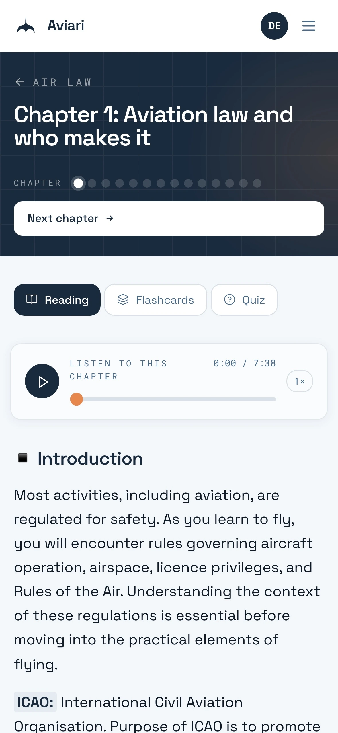 An Air Law chapter on a phone, with reading, flashcards, quiz and audio