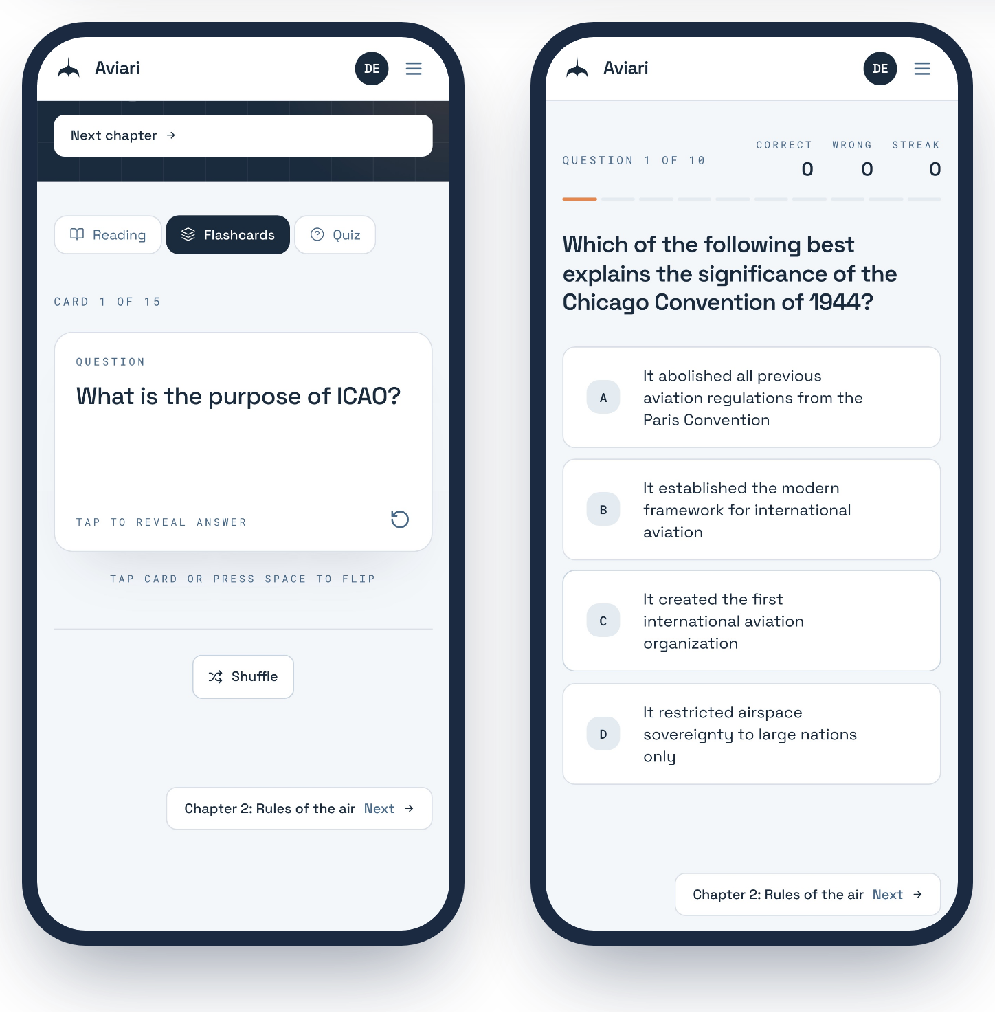 Aviari PPL flashcards and an Air Law quiz question on iPhone