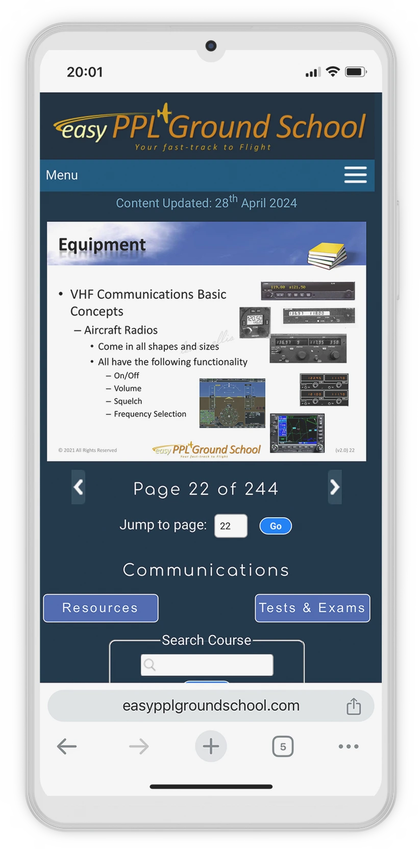 The Easy PPL Communications course on a phone: a slide, page 22 of 244